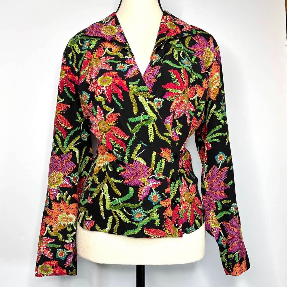 Vintage Escada Multicolor Jewel Tone Mosaic Floral Silk Designer Collared Blouse
